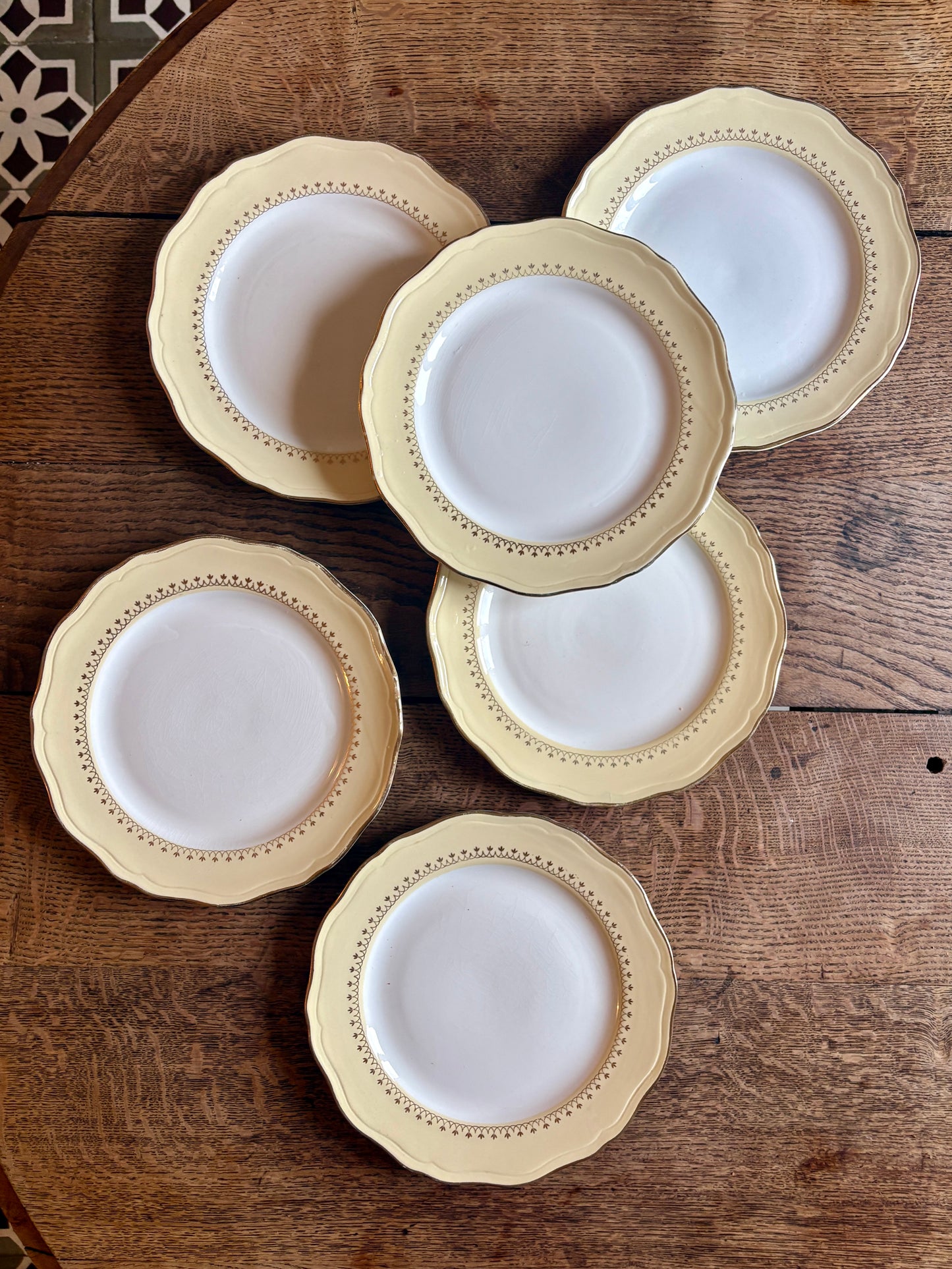 Lot de 6 assiettes plates vintage blanches avec frise jaune et dorée
