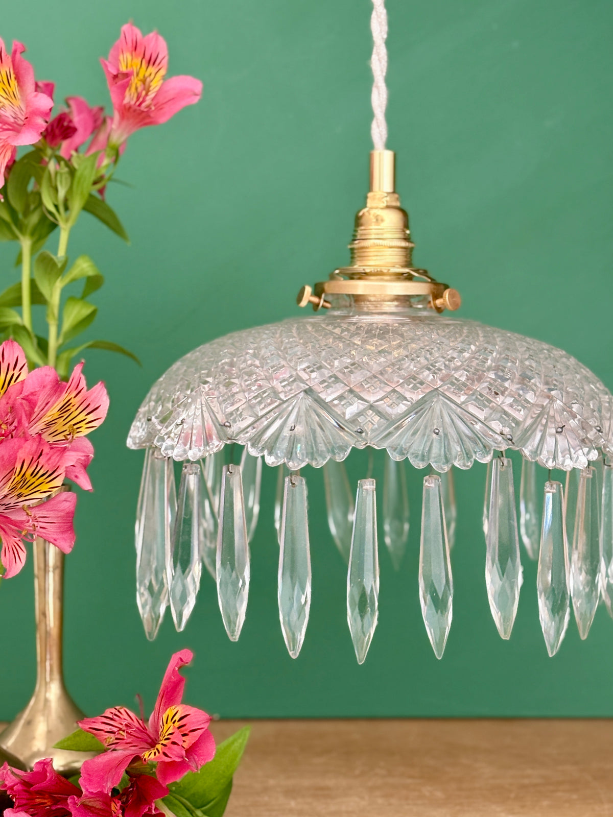Suspension abat-jour vintage en verre avec pampilles