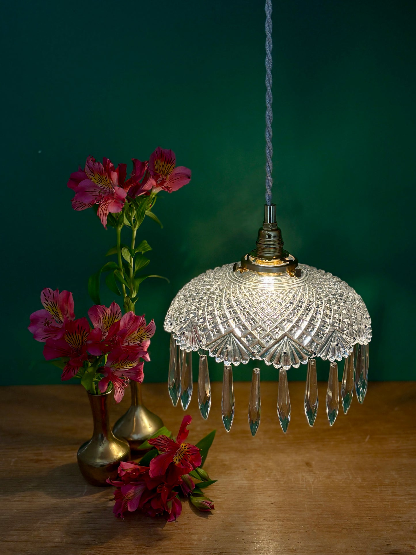 Suspension abat-jour vintage en verre avec pampilles
