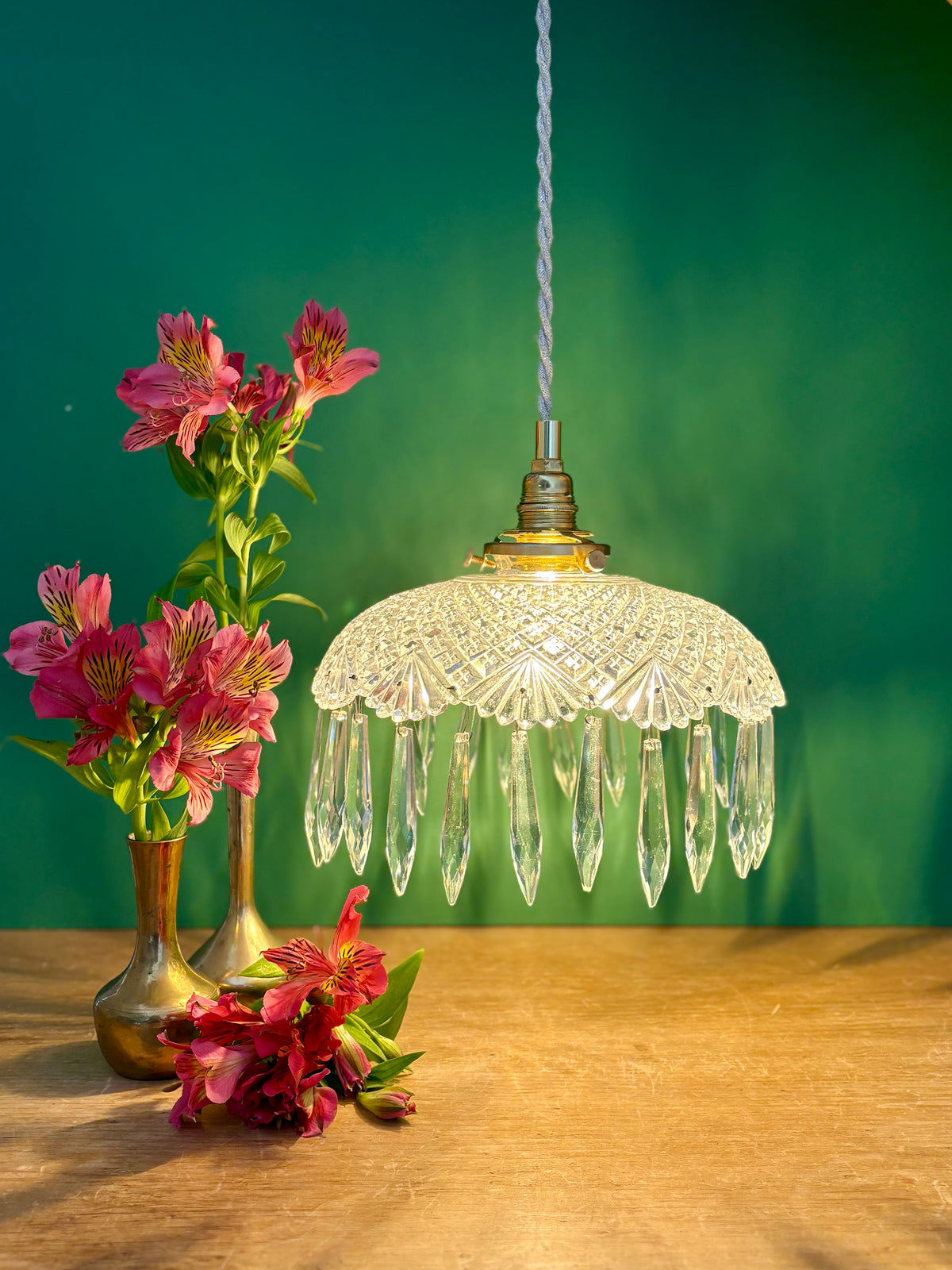 Suspension abat-jour vintage en verre avec pampilles