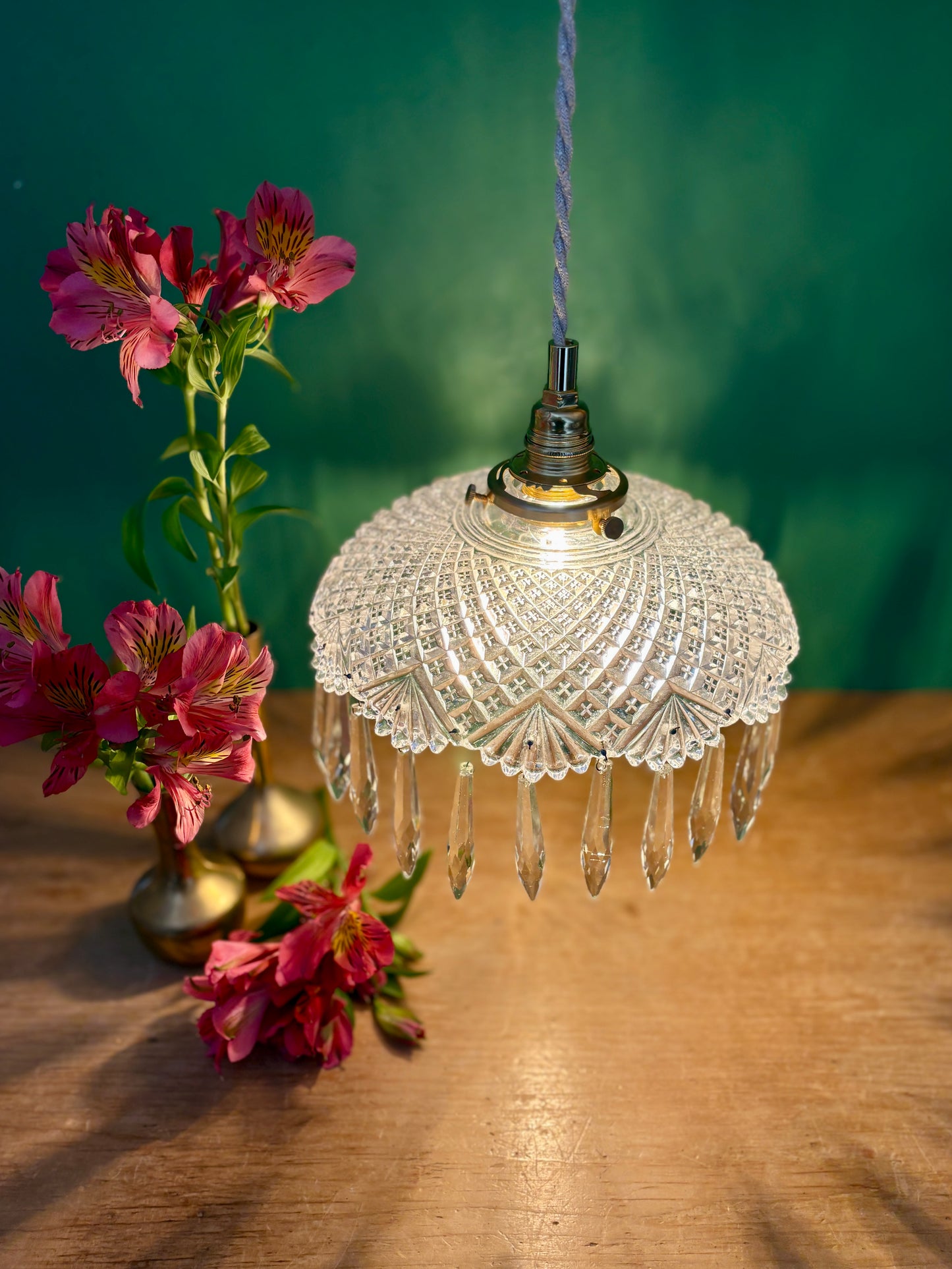 Suspension abat-jour vintage en verre avec pampilles