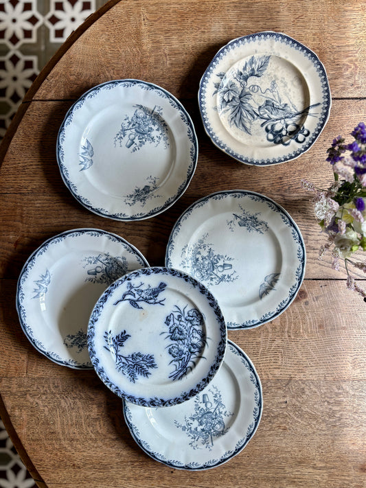Lot de 8 assiettes plates anciennes en terre de fer dépareillées (L6)