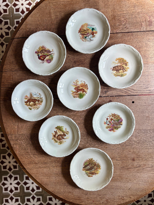 Lot de 8 assiettes creuses vintage en porcelaine - Gibier -