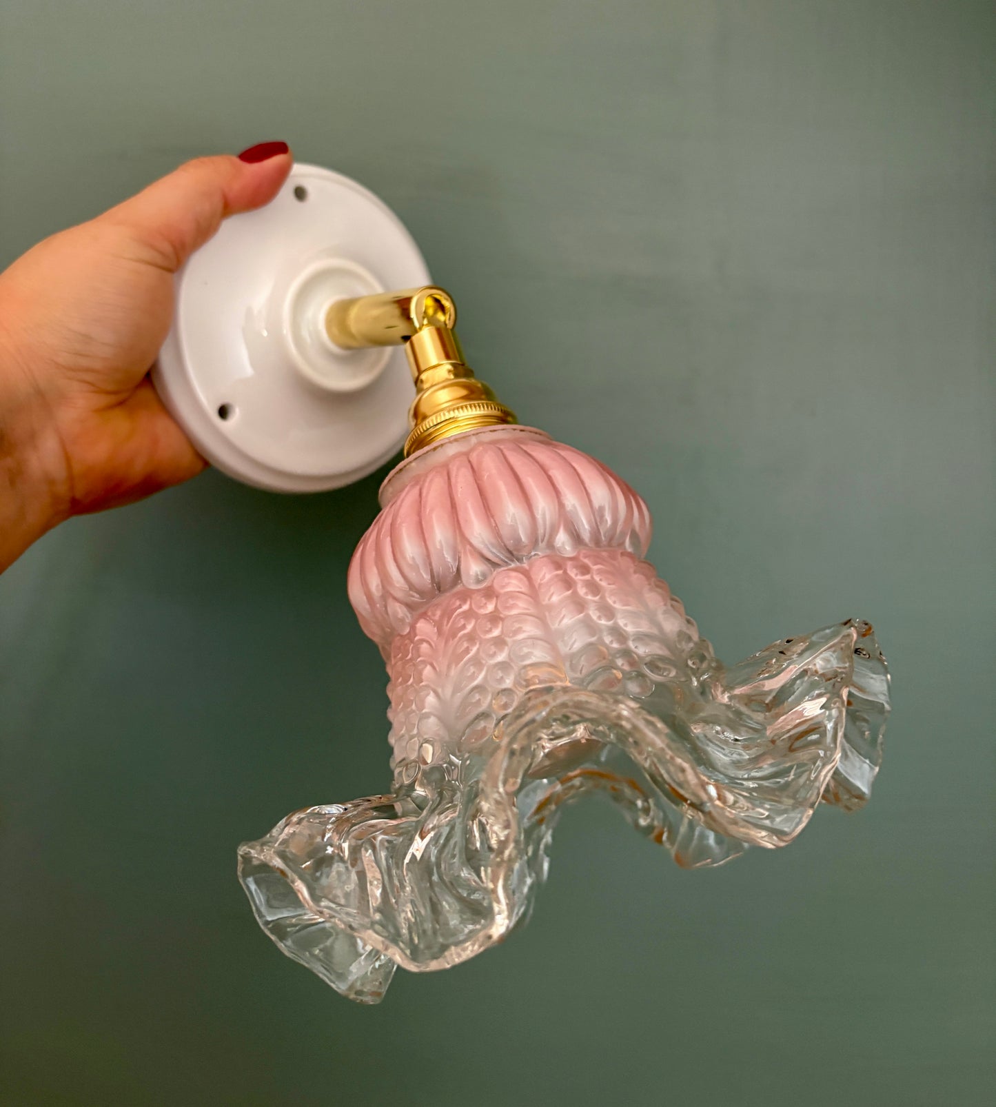 Applique tulipe vintage en verre rose et transparent