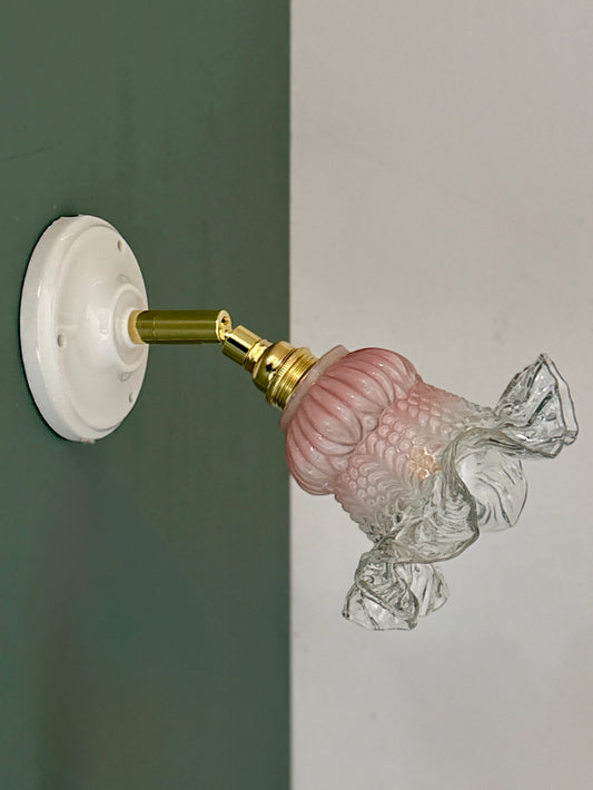 Applique tulipe vintage en verre rose et transparent