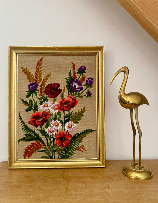 Canevas vintage bouquet de fleurs et cadre en bois doré