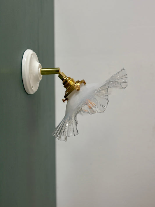 Applique abat-jour vintage en verre blanc et transparent