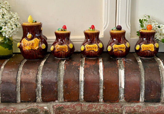 Lot de 5 pots à épices vintage en barbotine Ferlay - Vallauris