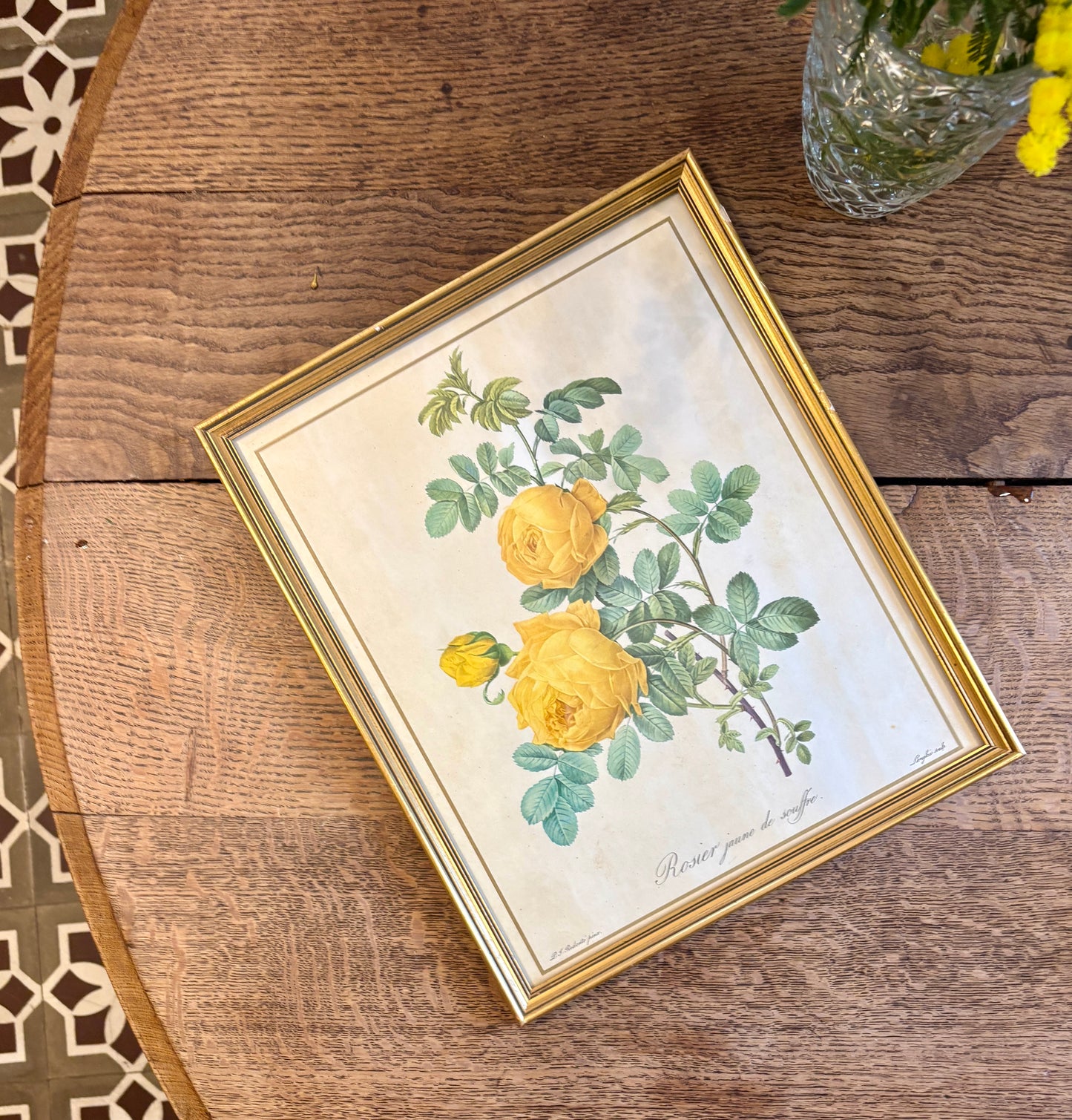 Cadre ancien rose jaune Redouté