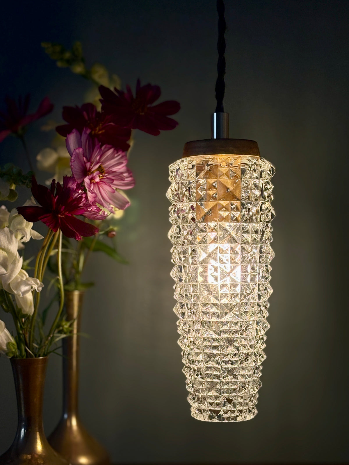 Suspension tulipe épis vintage en verre pointe de diamant (SE10)