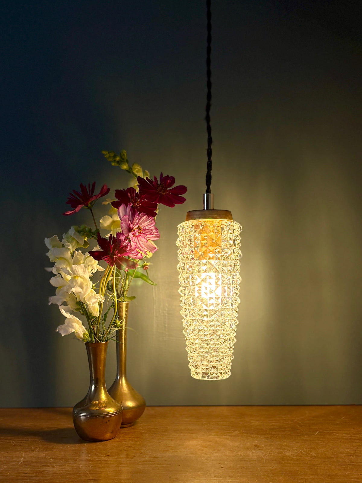 Suspension tulipe épis vintage en verre pointe de diamant (SE10)