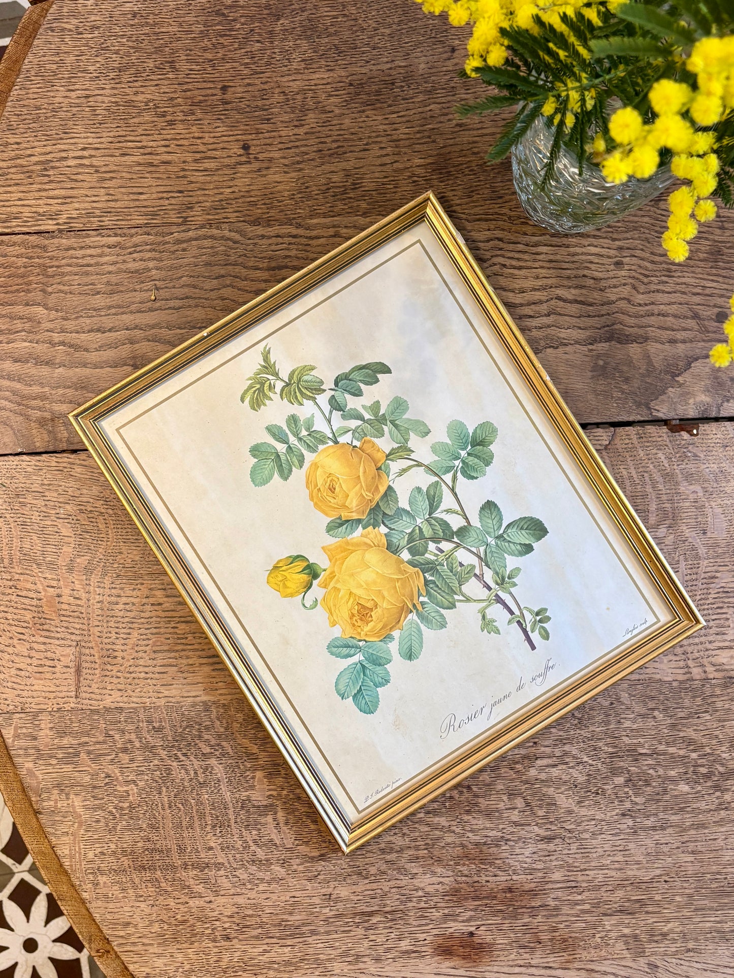 Cadre ancien rose jaune Redouté