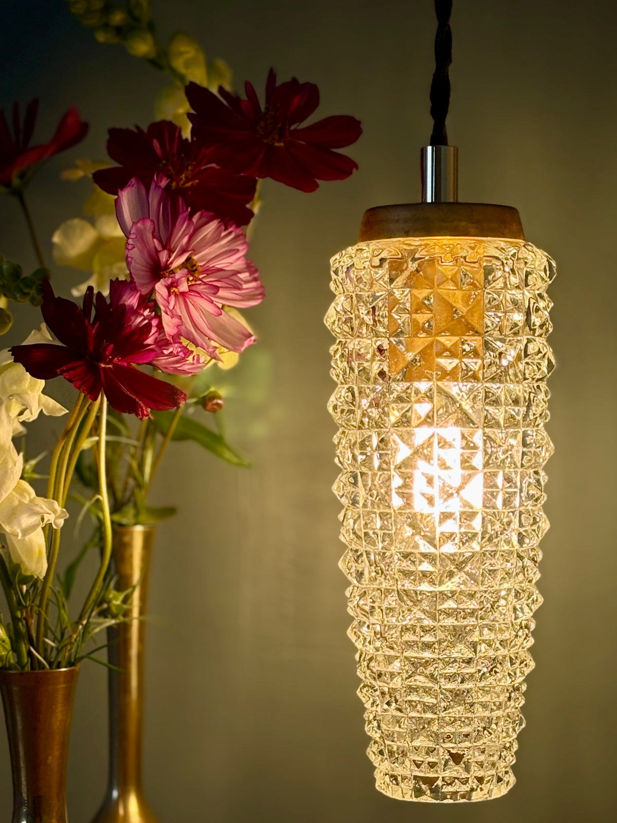 Suspension tulipe épis vintage en verre pointe de diamant (SE10)