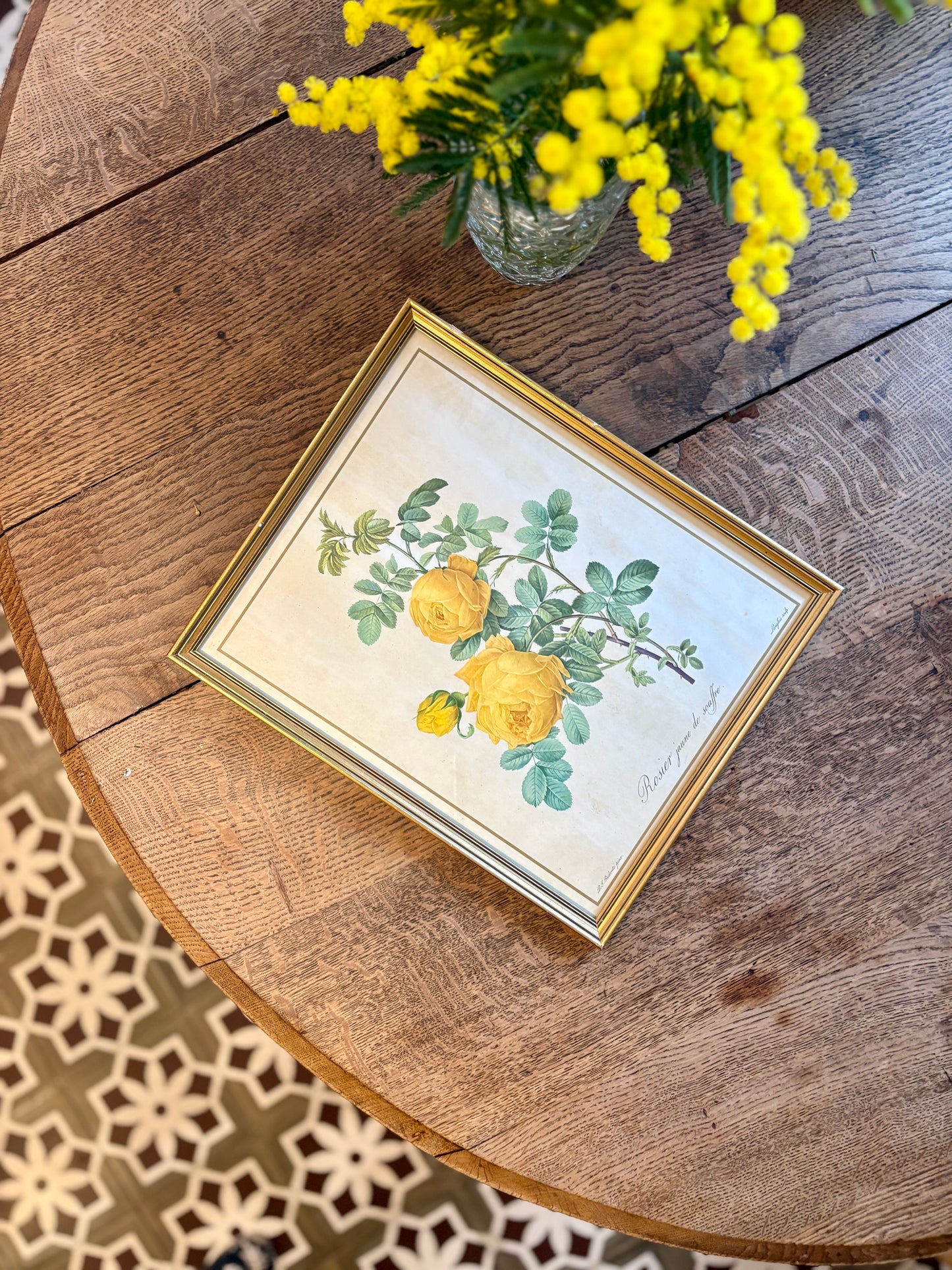 Cadre ancien rose jaune Redouté