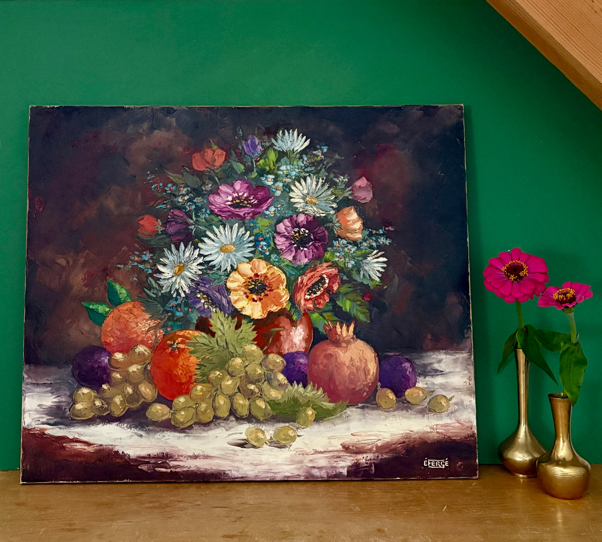 Tableau ancien, nature morte fleurs et fruits