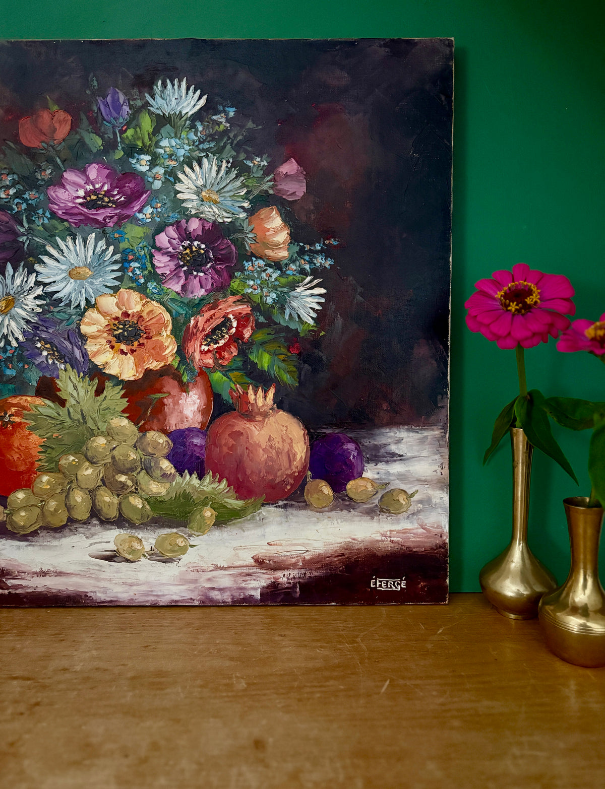 Tableau ancien, nature morte fleurs et fruits