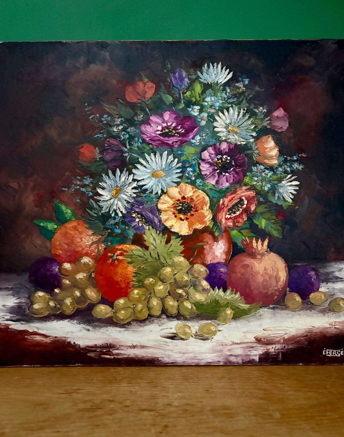 Tableau ancien, nature morte fleurs et fruits