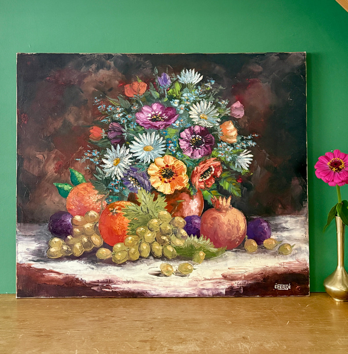 Tableau ancien, nature morte fleurs et fruits