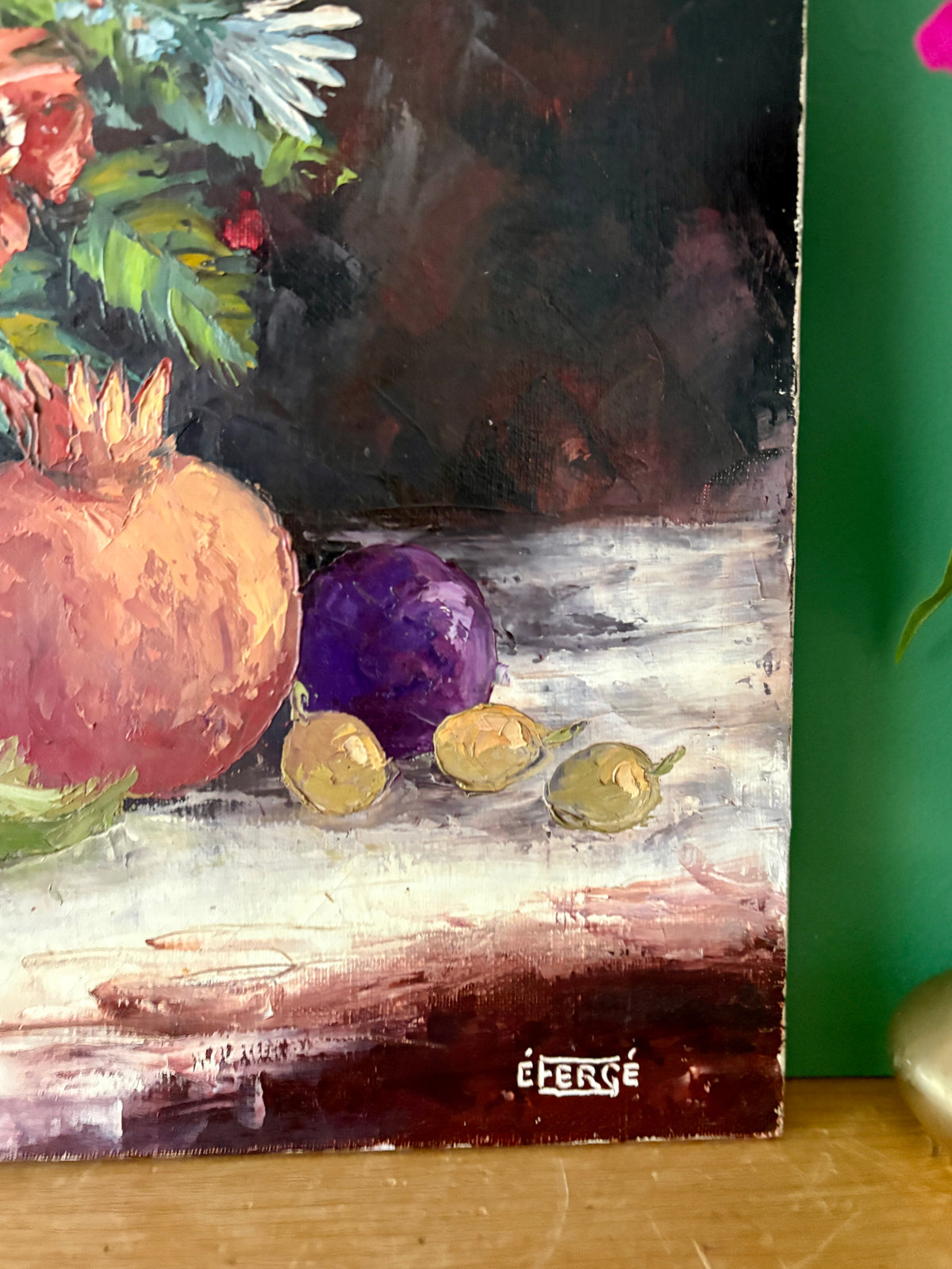 Tableau ancien, nature morte fleurs et fruits