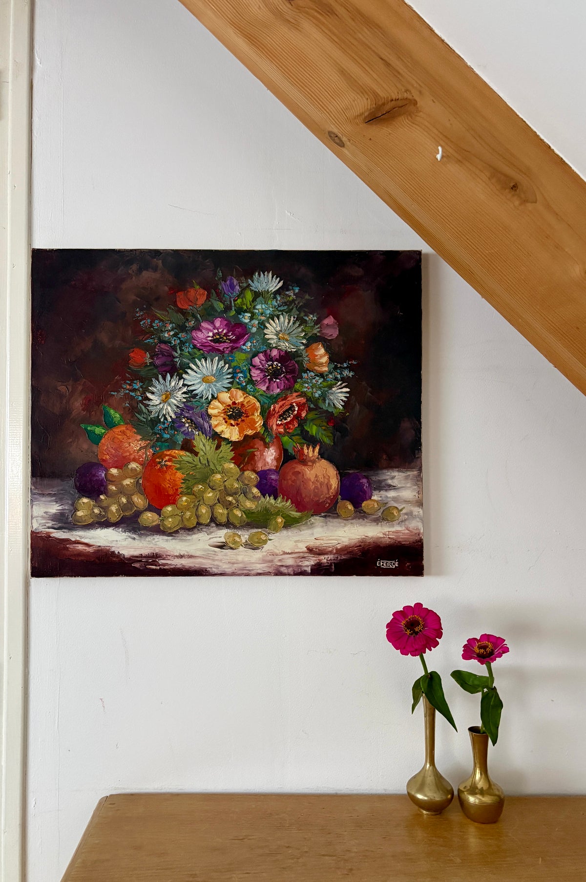 Tableau ancien, nature morte fleurs et fruits