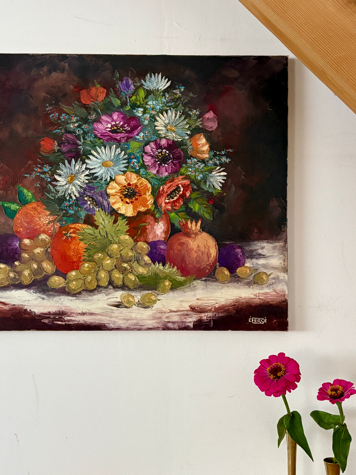 Tableau ancien, nature morte fleurs et fruits