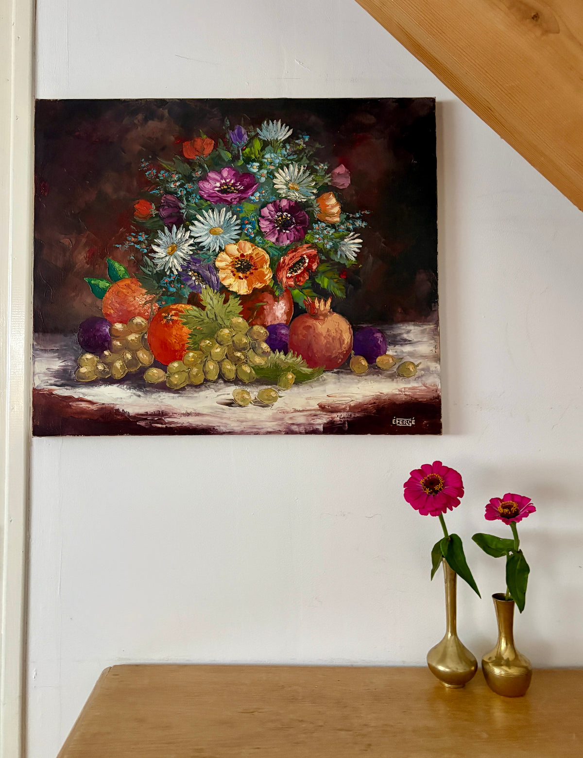 Tableau ancien, nature morte fleurs et fruits