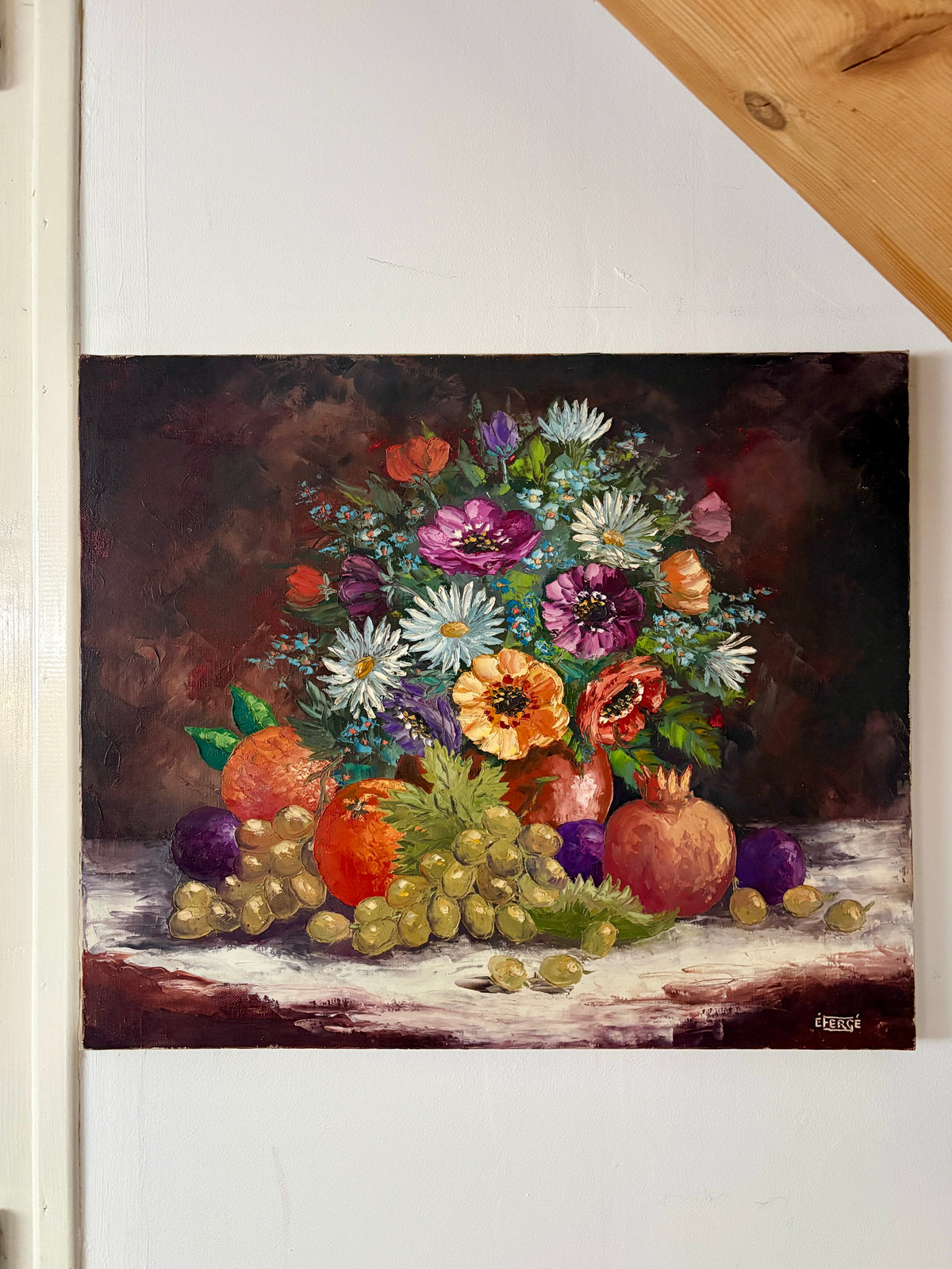 Tableau ancien, nature morte fleurs et fruits