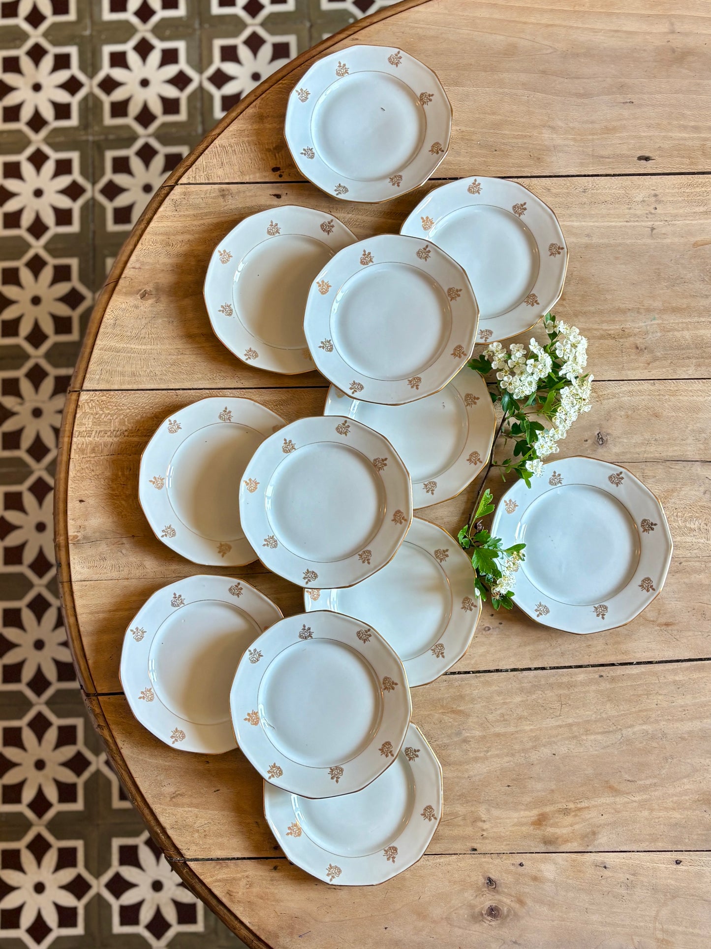 Lot de 12 assiettes à dessert vintage en porcelaine avec détails dorés