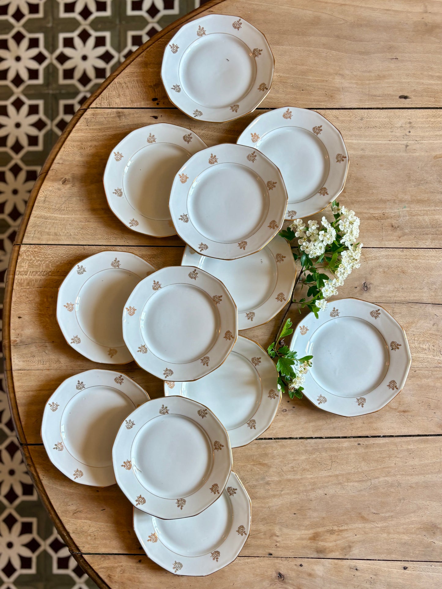 Lot de 12 assiettes à dessert vintage en porcelaine avec détails dorés