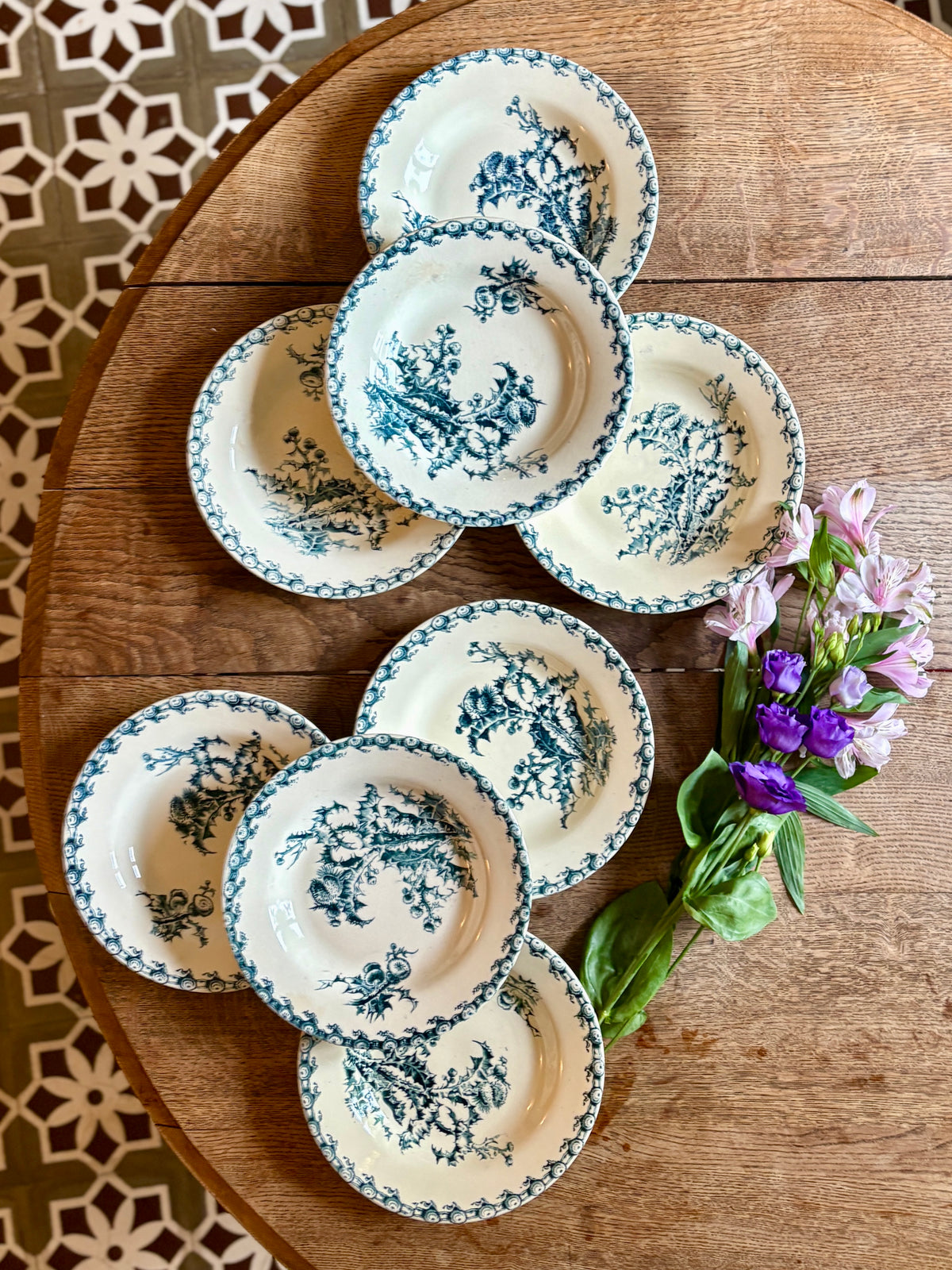 Lot de 8 assiettes creuses anciennes en terre de fer, Chardons de Gien