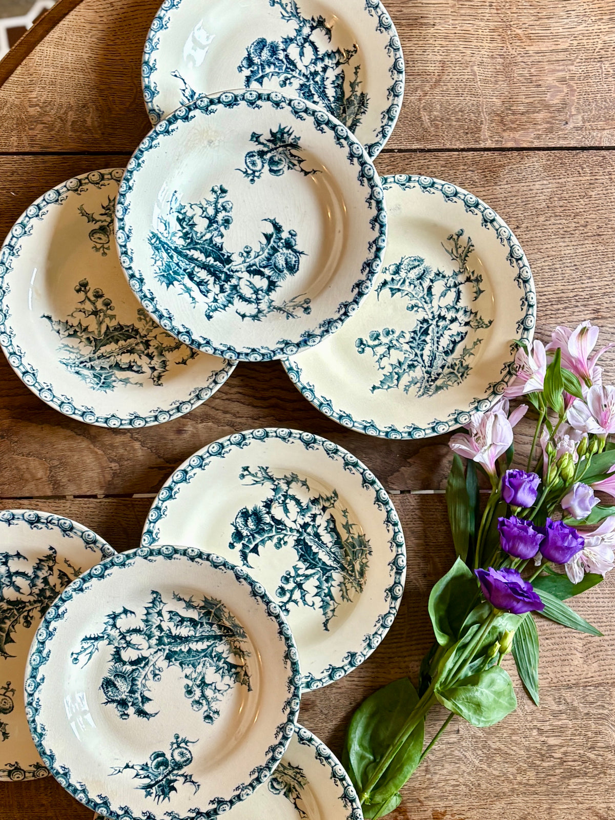 Lot de 8 assiettes creuses anciennes en terre de fer, Chardons de Gien