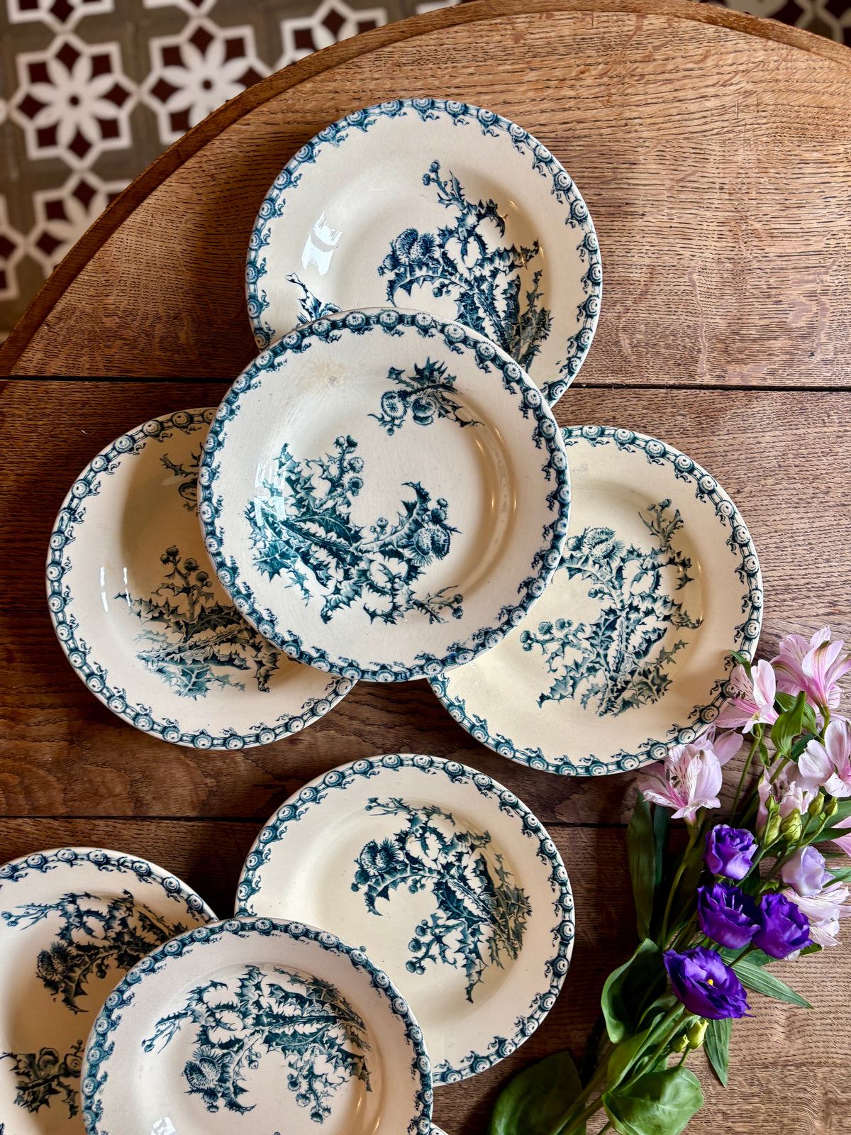 Lot de 8 assiettes creuses anciennes en terre de fer, Chardons de Gien
