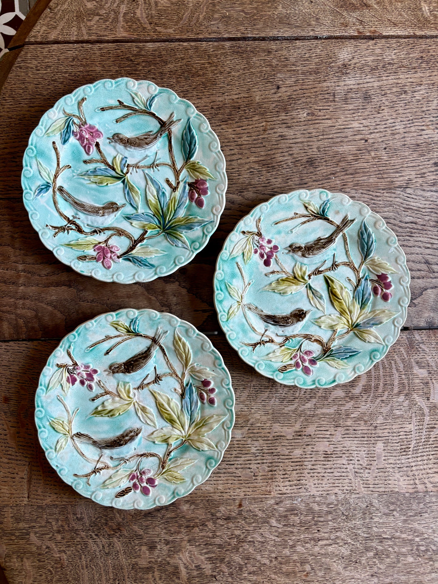 Lot de 3 assiettes anciennes en barbotine décors d'oiseaux