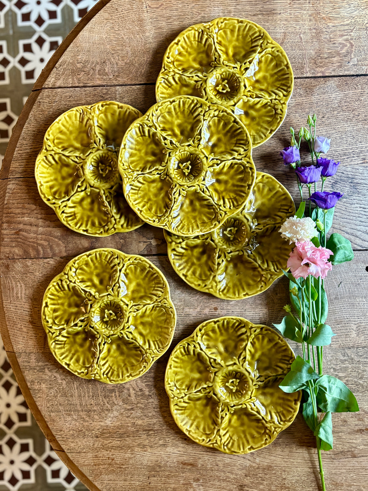 Lot de 6 assiettes à huîtres vintage en céramique verte - Gien
