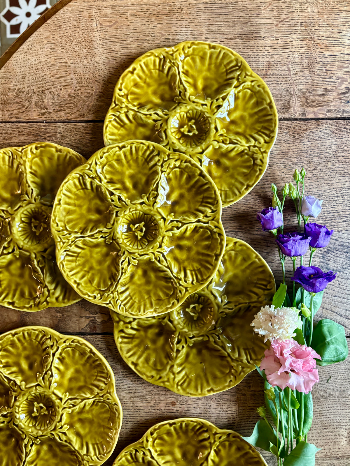 Lot de 6 assiettes à huîtres vintage en céramique verte - Gien