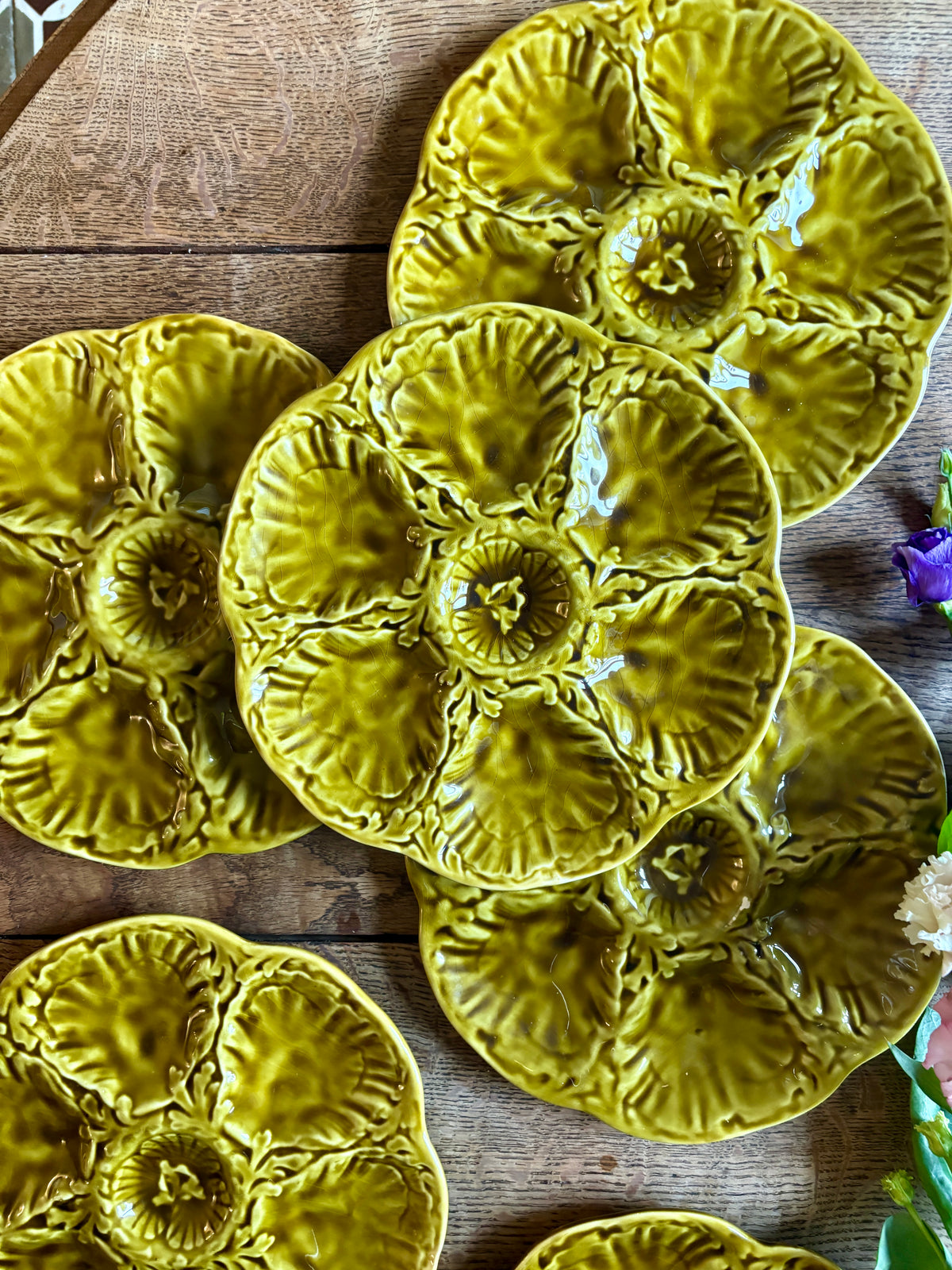 Lot de 6 assiettes à huîtres vintage en céramique verte - Gien