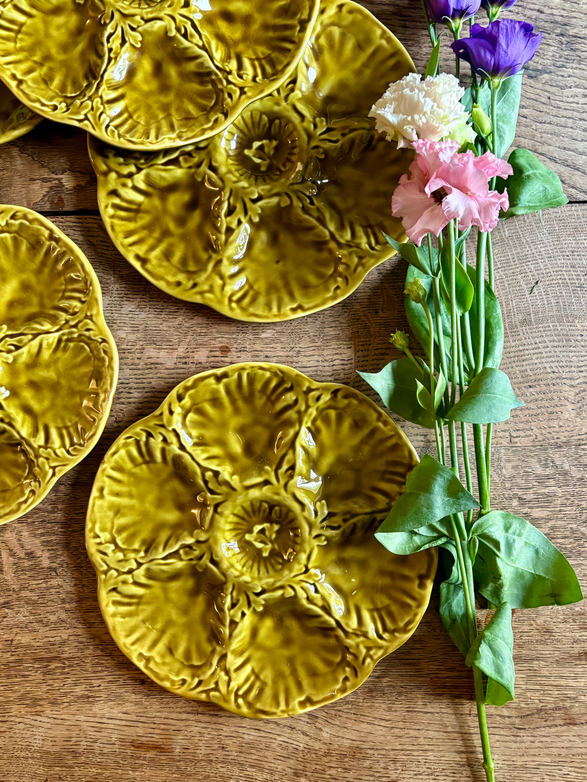 Lot de 6 assiettes à huîtres vintage en céramique verte - Gien