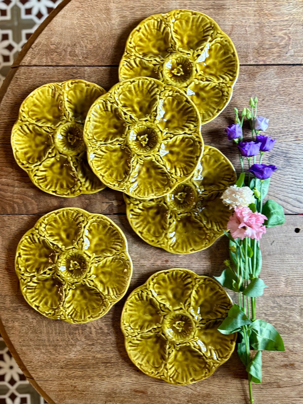 Lot de 6 assiettes à huîtres vintage en céramique verte - Gien