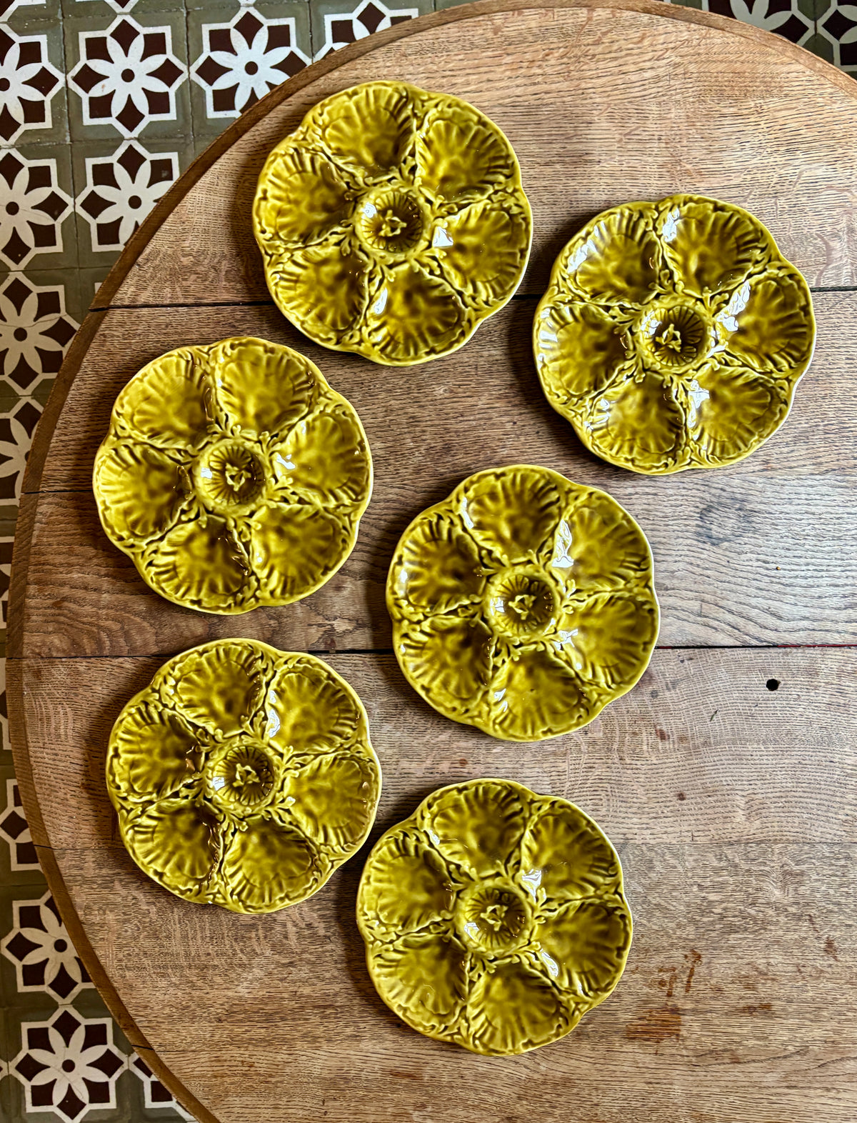 Lot de 6 assiettes à huîtres vintage en céramique verte - Gien