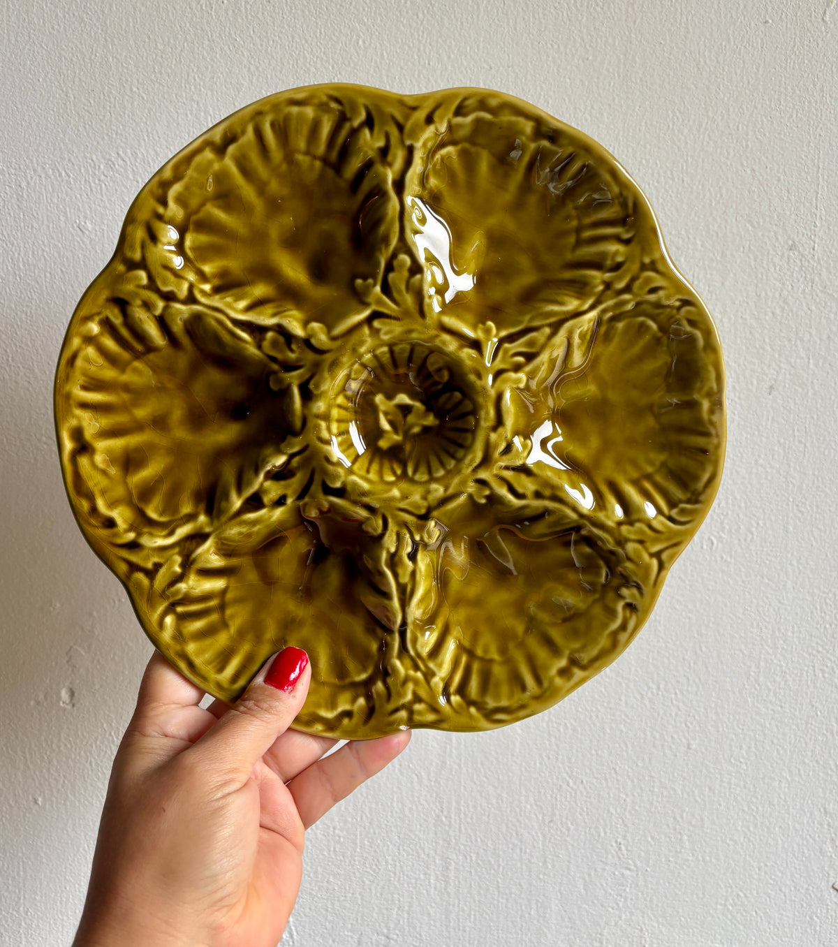Lot de 6 assiettes à huîtres vintage en céramique verte - Gien