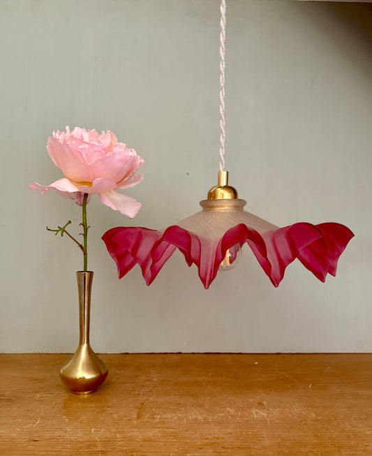 Suspension abat-jour vintage en verre dépoli mi rose mi transparent