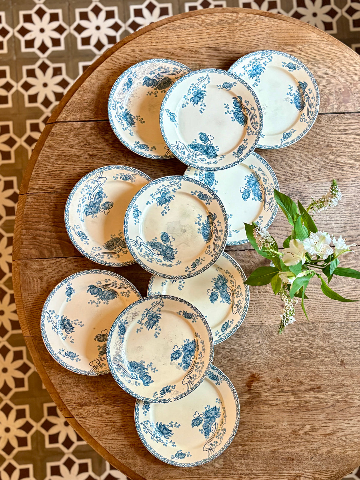Lot de 10 assiettes plates anciennes en terre de fer, Royat de Sarreguemines