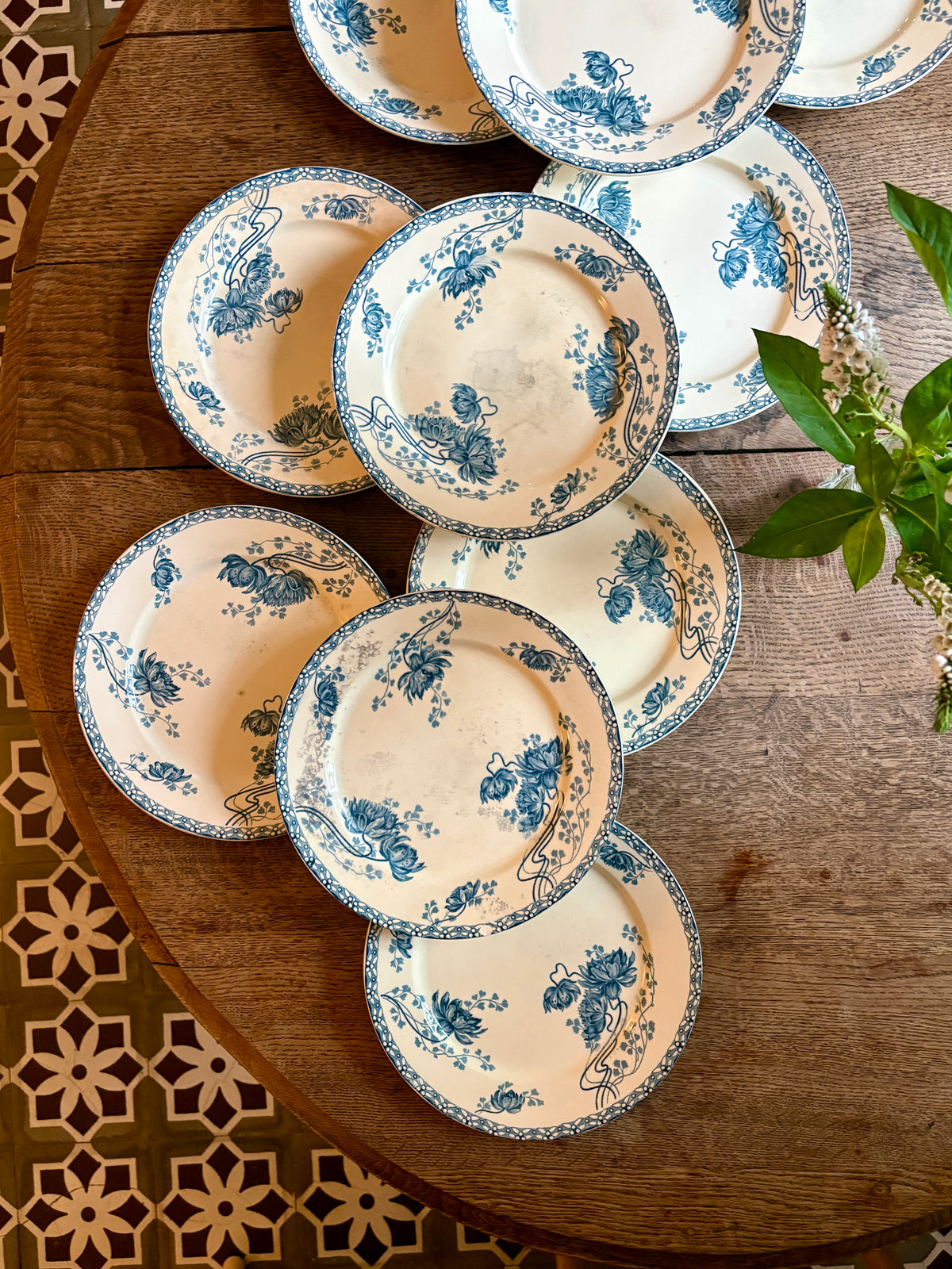 Lot de 10 assiettes plates anciennes en terre de fer, Royat de Sarreguemines