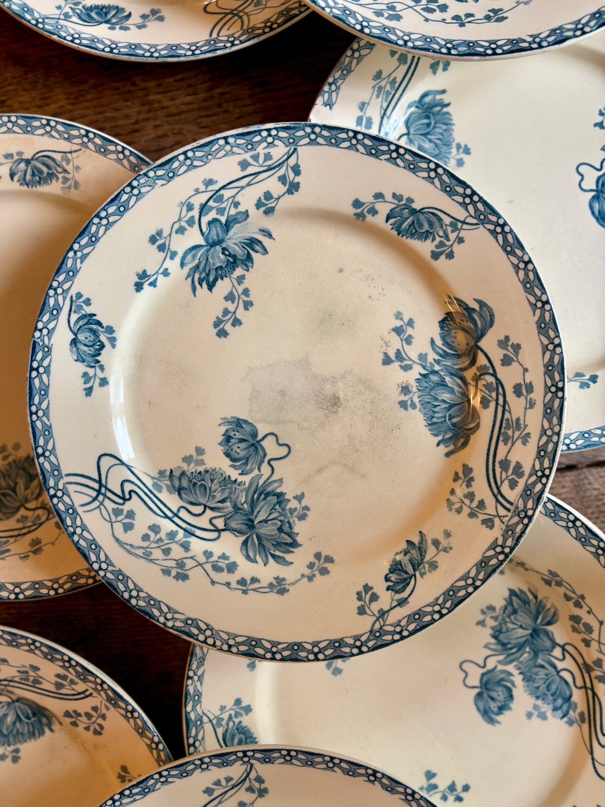 Lot de 10 assiettes plates anciennes en terre de fer, Royat de Sarreguemines